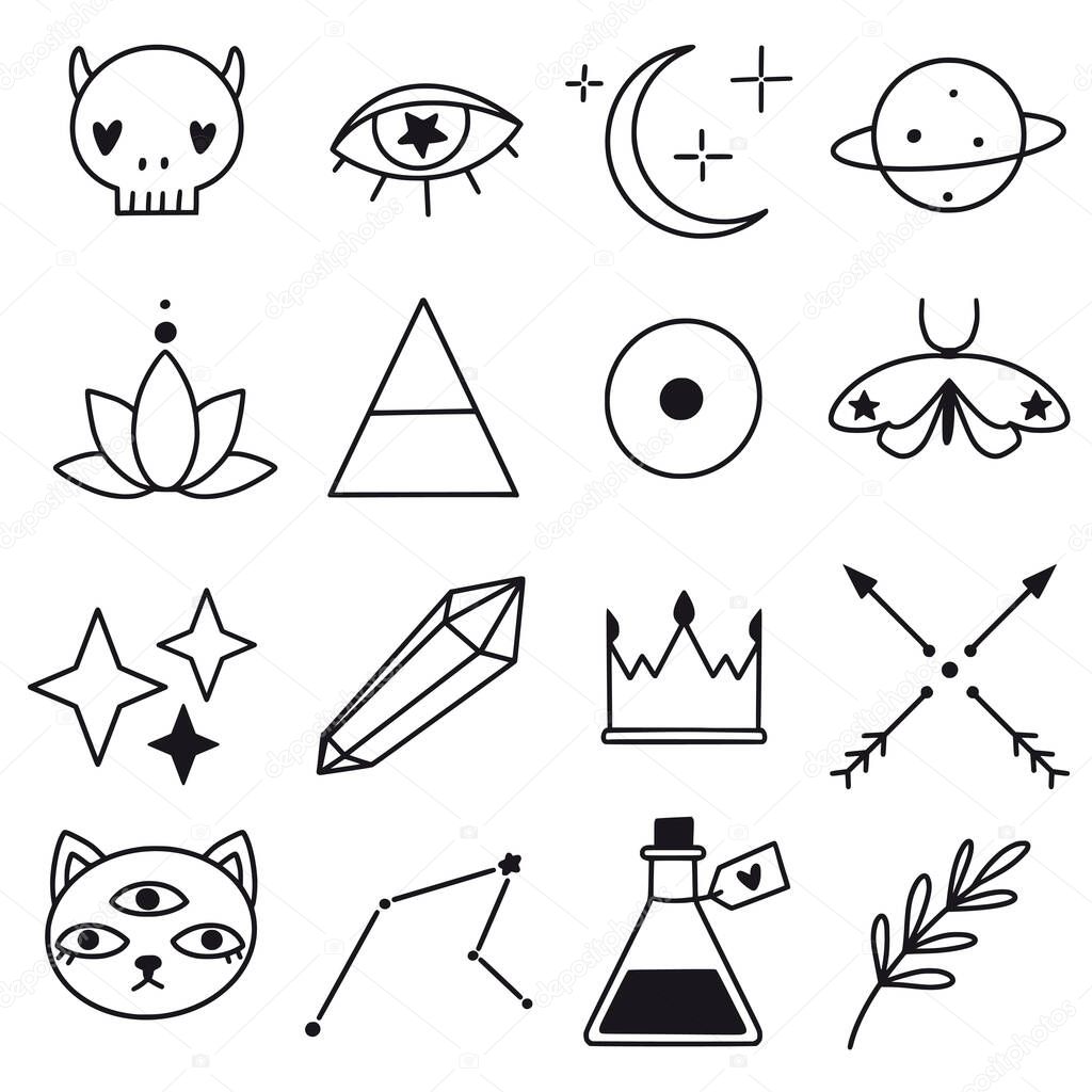 Highlight set. Various simple, cute outline elements. Magic line art collection. Witch symbols. Simple doodles. Cute design icons for brand, labels, shop logos. Stars, moon, skull, cat, eye.