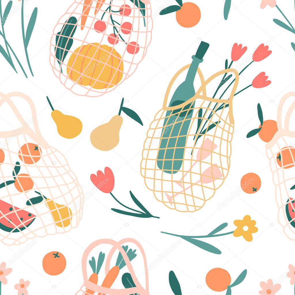 Net bag seamless pattern. Reusable shopping bags with food and wine. Trendy shopper with fruits, vegetables, flowers. Zero waste, plastic free, eco life. Local market. Flat cartoon vector texture