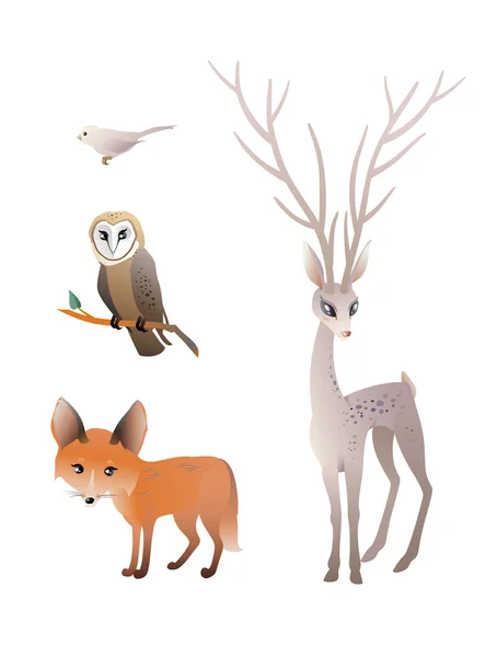 Forest Animals Vector Set. Deer, Red Fox, Owl, Bird — Stock Vector