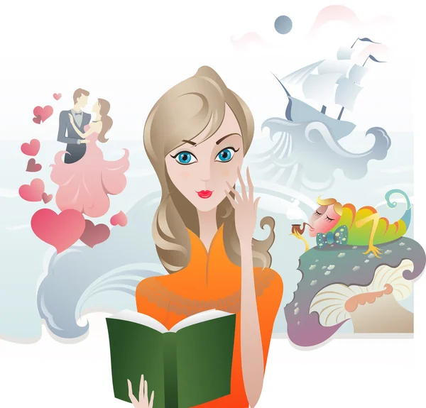 Linda chica leyendo un libro — Vector de stock