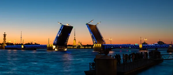 Panorama da Fortaleza de Pedro e Paulo e Ponte do Palácio aberto à noite leve — Fotografia de Stock