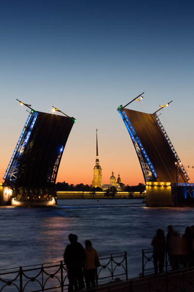 View of the Peter and Paul Fortress and open Palace Bridge at light night