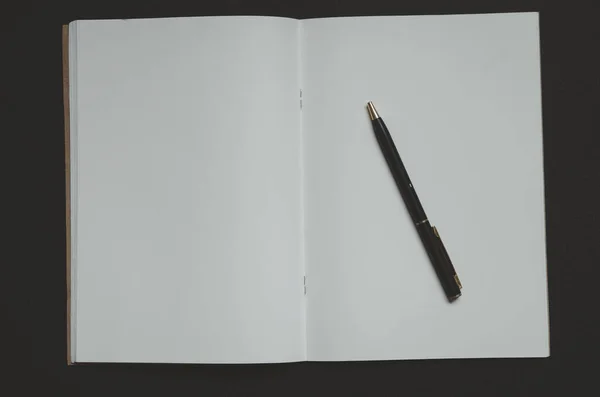 Horní Kniha Zobrazení Pero Černém Pozadí — Stock fotografie