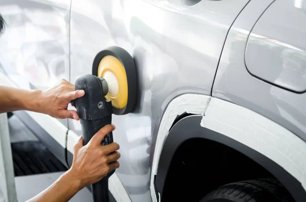 Detalle Pulido Del Coche Preparando Superficie Del Coche Antes Recubrir — Foto de Stock