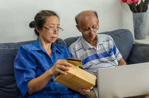 Nternetten Alışveriş Yapan Iki Asyalı Yaşlı Insan Evde Dizüstü Bilgisayarlı - Stok İmaj