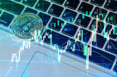 Double exposure of abstract virtual statistics data graphs stock market financial and bitcoin on keyboard computer laptop business analysis trading.