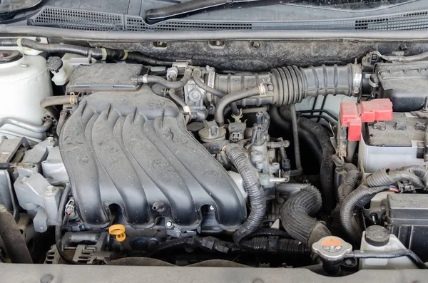 car engine is engine dirty auto parts, dust accumulation. Dusty automobile components.