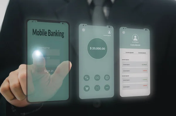 Man Hand Touching Application Mobile Banking Interface Smartphone Digital Marketing — Stock Photo, Image