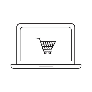 Beyaz arkaplanda ekran simgesinde vektör bilgisayar dizüstü bilgisayarı ve süpermarket arabası.