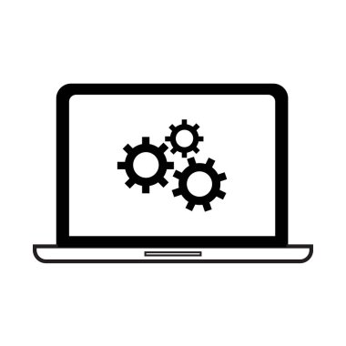 Beyaz arkaplanda ekran simgesinde vektör bilgisayar dizüstü ve dişli ayarları.