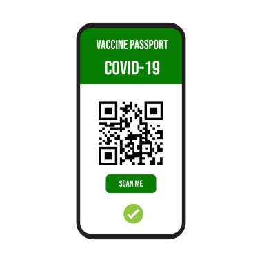Cep telefonu ekranında aşı sertifikası. Beyaz arkaplanda QR kod aşısı covid-19 uluslararası simge sembolünü tara.