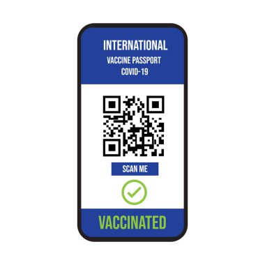 Cep telefonu ekranında aşı sertifikası. Beyaz arkaplanda QR kod aşısı covid-19 uluslararası simge sembolünü tara.