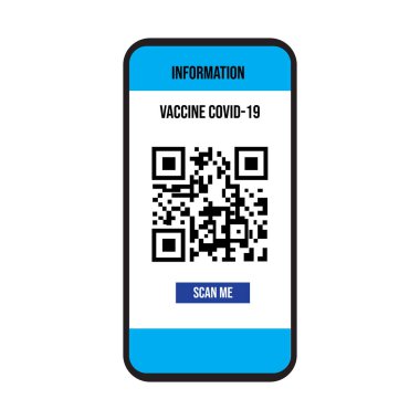 Cep telefonu ekranında aşı sertifikası. Beyaz arkaplanda QR kod aşısı covid-19 uluslararası simge sembolünü tara.