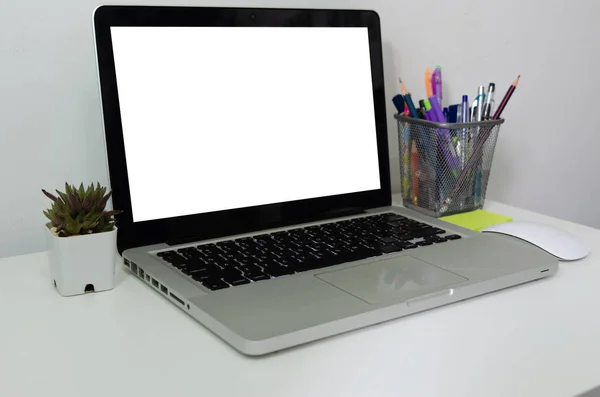 Computer Laptop Mock Blank White Touch Screen Desk — Stock Photo, Image