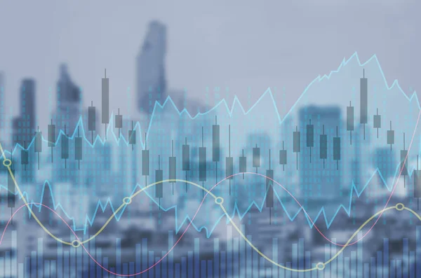 Trading candlestick chart and graph stock market on blurred city background. business investment finance concept