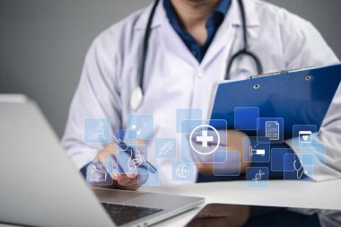 Sağlık hizmeti sağlayıcısı, dijital sağlık arayüzü, güvenli, verimli ve sağlık bilgi yönetimine modern bir yaklaşım sunuyor. Tıbbi uygulama, sağlık sistemi, güvenlik verileri ve doktor ofisi.