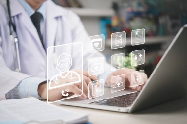 Doktor dizüstü bilgisayar uzaktan bakımı ve AİHM yönetimi, teletıp konsültasyonu, hasta kayıtları, reçete, sigorta, teşhis, veri güvenliği, sağlık teknolojisi, dijital sağlık, bulut iş akışı.