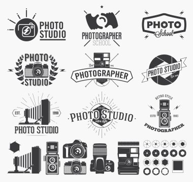 Fotoğraf ve fotoğraf stüdyo logo, klasik fotoğraf makinesi etiketleri
