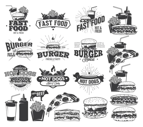 快餐食品标签、 商标和设计元素 — 图库矢量图片