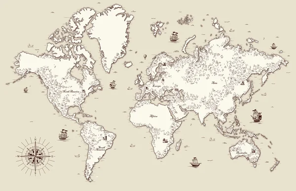 Hoch detaillierte, alte Weltkarte mit dekorativen Elementen — Stockvektor