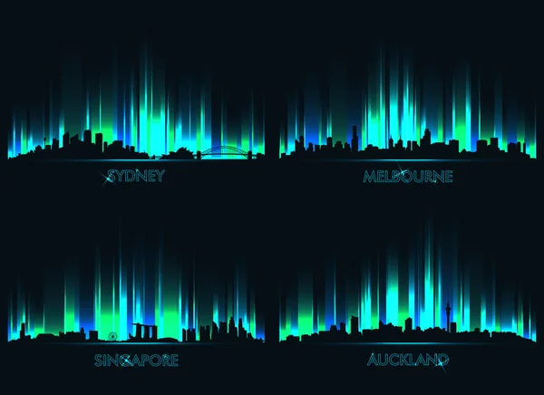 Νέον τητα skyline Σίδνεϊ, Μελβούρνη, Σιγκαπούρη και Όκλαντ — Διανυσματικό Αρχείο