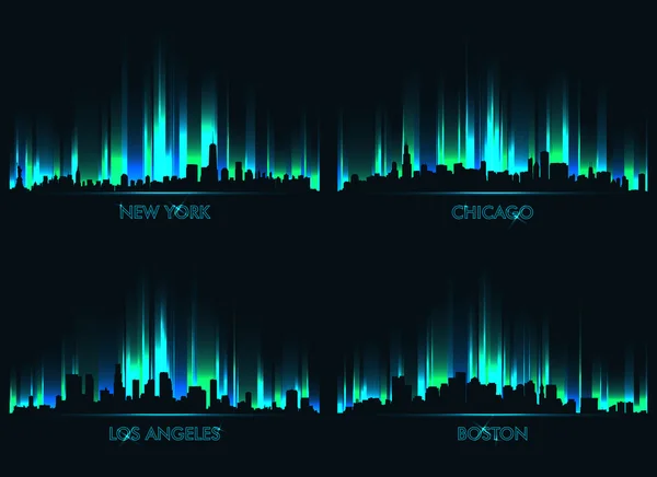 Neon skyline cidades americanas —  Vetores de Stock