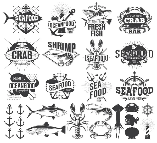 Наклейки морепродуктов, логотип и иллюстрация, элементы дизайна — стоковый вектор
