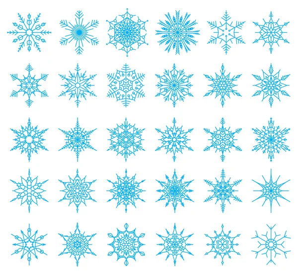 Conjunto de 36 copos de nieve, ilustración vectorial — Vector de stock