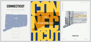 50 setten 5 'i, 3 Tasarım Biçimli ABD Posterleri, Detaylı Vektör Sanat Yazısı Connecticut Haritası