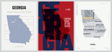 50 setten 4 'ü, 3 Tasarım Biçimli ABD Devlet Posterleri, Ayrıntılı Vektör Sanat Baskısı Georgia haritası