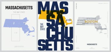50 setten 6 'sı, 3 Tasarım Biçimli ABD Posterleri, Ayrıntılı Vektör Sanat Yazısı Massachusetts Haritası