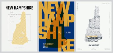50 setten 9 'u, 3 Tasarım Biçimli ABD Posterleri, Detaylı Vektör Sanat Baskısı New Hampshire Haritası