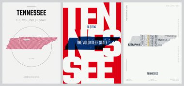 50 setten 16 'sı, 3 Tasarım Biçimli ABD Devlet Posterleri, Detaylı Vektör Sanat Yazısı Tennessee Haritası