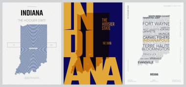 50 setten 19 'u, 3 Tasarım Biçimli ABD Posterleri, Detaylı Vektör Sanat Baskısı Indiana Haritası