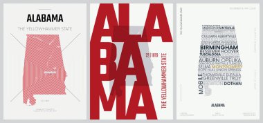 50 setten 22 'si, 3 Tasarım Biçimli ABD Posterleri, Ayrıntılı Vektör Sanat Yazısı Alabama Haritası