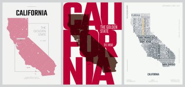 50 setten 31 'i, 3 Tasarım Biçimli ABD Posterleri, Detaylı Vektör Sanat Baskısı California haritası