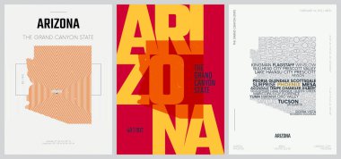 50 setten 48 'i, 3 Tasarım Biçimli ABD Posterleri, Detaylı Vektör Sanat Yazısı Arizona Haritası