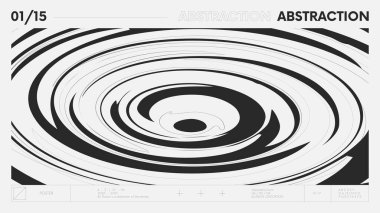 Siyah ve beyaz renkli basit şekillere sahip soyut modern geometrik afiş, grafik kompozisyon tasarım vektör arkaplanı, düşüş damlasından dalga düzleminde daireler
