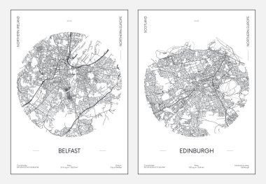 Seyahat posteri, şehir planı şehir haritası Belfast ve Edinburgh, vektör illüstrasyonu