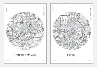 Seyahat posteri, şehir planı şehir haritası Frankfurt am Main ve Münih, vektör illüstrasyonu