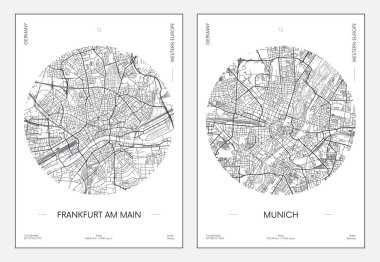 Travel poster, urban street plan city map Frankfurt am Main and Munich, vector illustration clipart