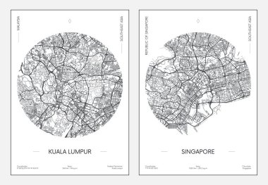 Seyahat posteri, şehir planı şehir haritası Kuala Lumpur ve Singapur, vektör illüstrasyonu