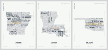 Şehir isimlerinin tipografi kompozisyonu, Amerika devletlerinin siluet haritaları, vektör detaylı posterler, Batı Güney Merkez Bölümü - Arkansas, Louisiana, Oklahoma - 17 'den 12' sini set