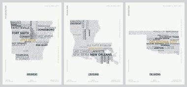Typography composition of city names, silhouettes maps of the states of America, vector detailed posters, Division West South Central - Arkansas, Louisiana, Oklahoma - set 12 of 17 clipart