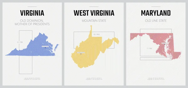 Carteles Vectoriales Mapas Detallados Siluetas Los Estados América Con Patrón — Vector de stock