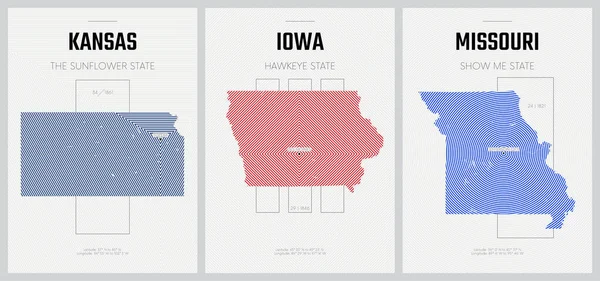 Vector Posters Gedetailleerde Silhouetten Kaarten Van Staten Van Amerika Met — Stockvector