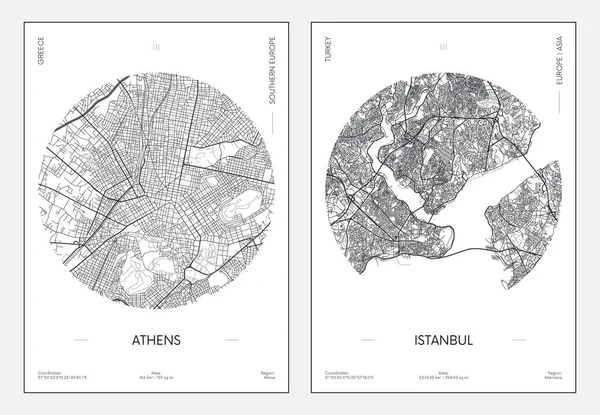 Cartel Viaje Plano Urbano Mapa Atenas Estambul Vector Ilustración — Archivo Imágenes Vectoriales