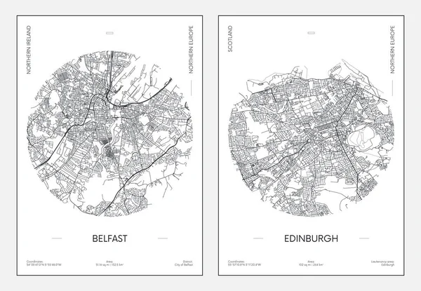 Afiche Viaje Plano Urbano Mapa Belfast Edimburgo Ilustración Vectores — Archivo Imágenes Vectoriales