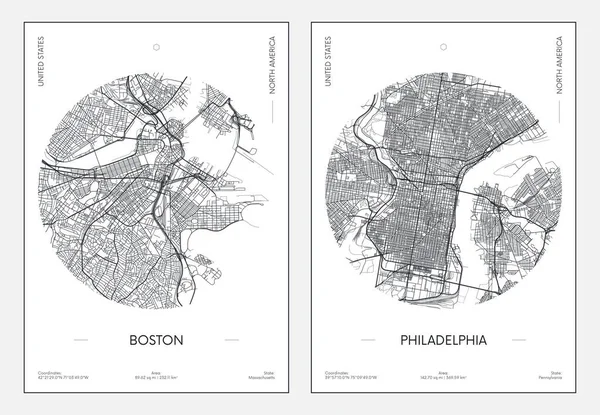 Póster Viaje Plano Urbano Mapa Boston Filadelfia Ilustración Vectorial — Archivo Imágenes Vectoriales