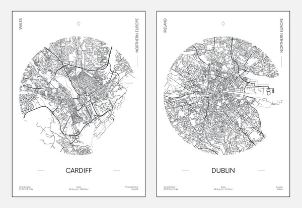 Affiche Voyage Plan Urbain Plan Ville Cardiff Dublin Illustration Vectorielle — Image vectorielle